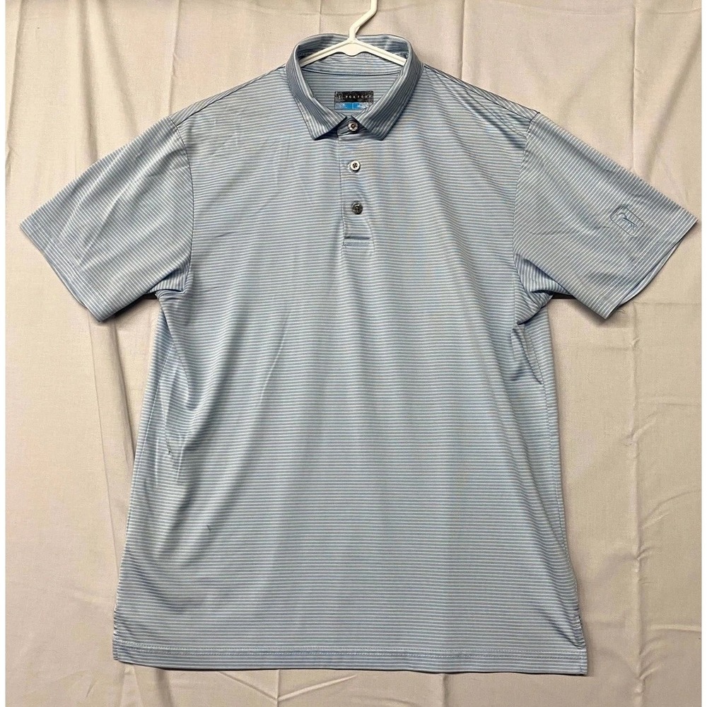 Pga Tour Polo Shirt Mens Medium Blue White Striped Short Sleeve Golf Performance